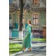 Boho Style Ukrainian Embroidered Maxi Dress Bluegreen with Green/White Embroidery